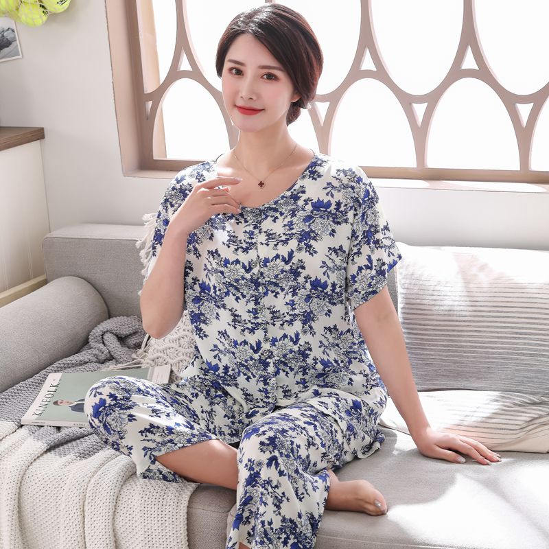 夏季棉绸开衫薄款中老年加大码女士短袖绵绸睡衣妈妈装套装家居服 - 图2