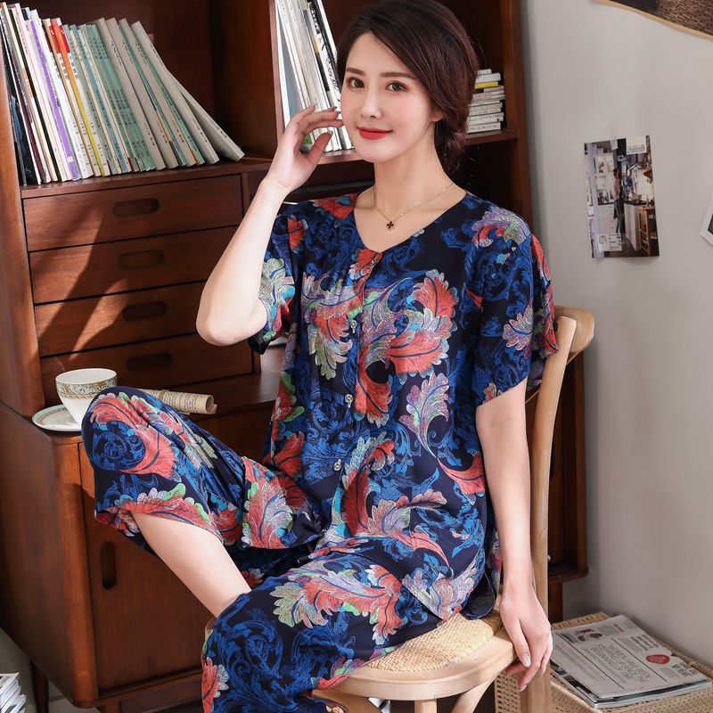 夏季棉绸开衫薄款中老年加大码女士短袖绵绸睡衣妈妈装套装家居服 - 图1