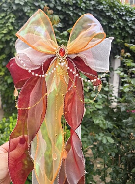 洛丽塔大蝴蝶结发饰超仙敦煌飞天飘带发夹顶夹橙绿色古风汉服头饰