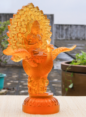 孔雀明王佛像古法琉璃供奉摆件