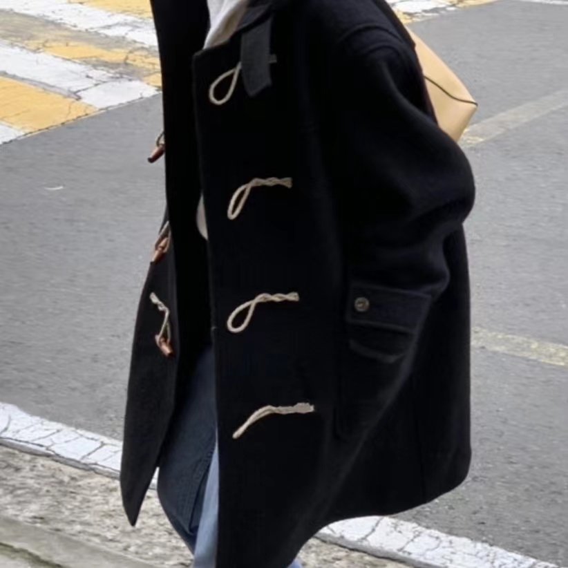 【少量】韩国正品mone黑色牛角扣外套学院风中长款羊毛呢子大衣女