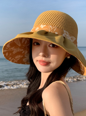 新款优雅子女蝴蝶结春夏季渔夫帽时尚户外度假遮阳帽折叠防晒旅游
