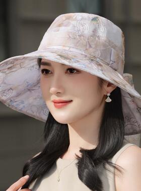 盆帽夏天时尚印花欧根女百搭女士可折叠大沿太阳帽子度假妈妈出游