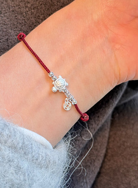 s925纯银小乌龟钱币手绳手链女富甲一方新中式设计百搭红绳手饰