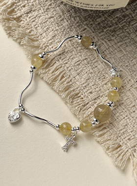 s925纯银镶钻十字架爱心锁发晶手链女小众国风新中式设计串珠手饰