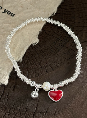 韩版新款s925纯银红色滴油爱心珍珠银圈手链设计感时髦心形银手饰