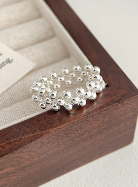 韩版s925纯银多层圆珠戒指女简约手工弹力绳款设计百搭串珠指环