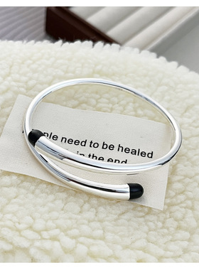 S925纯银不规则黑色滴油手镯女亮银色简约时尚百搭个性开口银镯子