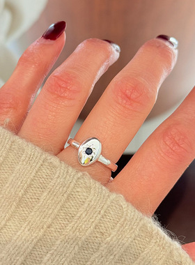 韩版s925纯银椭圆八芒星锆石戒指女简约小众设计时尚个性开口指环