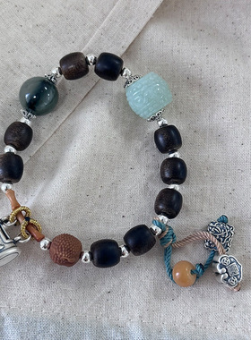 新中式999足银佛宝宝沉香和田玉彩绳手链简约国风设计长命锁手串