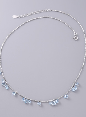 韩国s925纯银水滴圆形蓝色锆石项链女简约轻奢精致气质百搭锁骨链