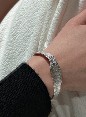 S925纯银韩版小众设计感复古纹理时尚手环韩国风个性银手镯首饰品