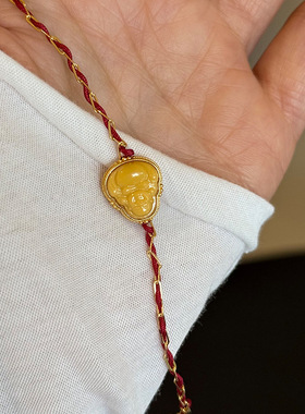 新款s925纯银蜜蜡弥勒佛红绳手链女简约新中式设计百搭个性手饰