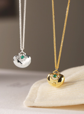 通体s925纯银元宝镶钻玉髓福字项链女简约新中式设计时髦锁骨链