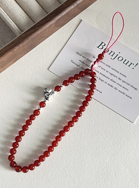 999足银小飞马红玛瑙串珠手机链包包挂件时尚百搭个性配饰礼物女