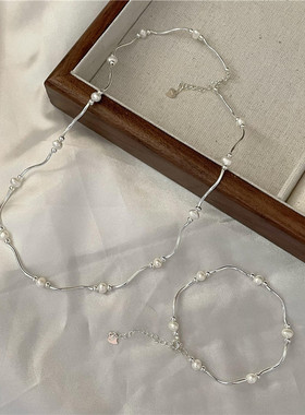 s925纯银韩版复古手工款时尚弯管淡水珍珠项链手链韩国设计锁骨链