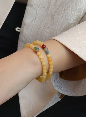 原创老料黄玉新中式多圈串珠手链女国风葫芦蓝水翡翠显白三圈手串