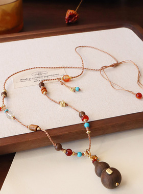 原创手作沉香木转运珠长款项链葫芦天然南红珠玉石素雅百搭毛衣链