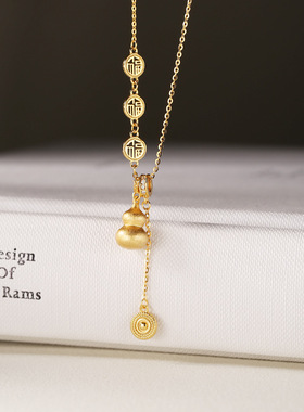 s925纯银磨砂葫芦福字镶钻项链女简约新中式福禄设计精致锁骨链