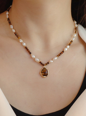 天然石虎眼石项链焦糖色可可棕风秋冬复古串珠项链锁骨链毛衣链