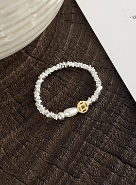 s925纯银碎银子钱币天然珍珠戒指女手工DIY设计弹力绳款指环戒子