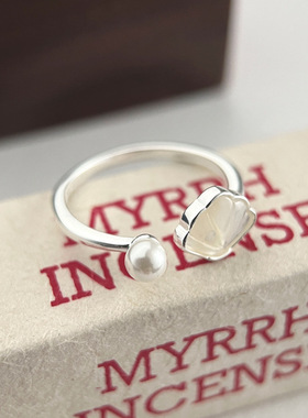 s925纯银贝母珍珠戒指女银杏轻奢精致气质开口食指指环百搭款戒子