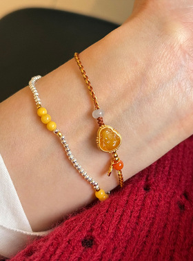 新款s925纯银蜜蜡弥勒佛福字手绳手链女简约新中式设计百搭手饰