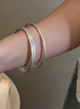 新款s925纯银素圈磨砂细条手环韩式风基础款极简哑光手镯银饰礼物