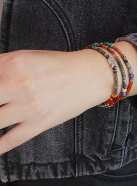 原创手作复古天然非洲松石手链女轻奢高级感情侣叠戴玛瑙三圈手串