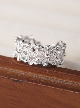 新款s925纯银镂空镶钻花朵戒指女简约轻奢港风个性精致开口指环