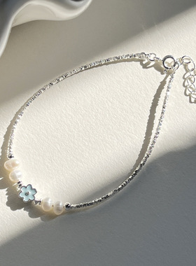 韩版S925纯银天然珍珠花朵碎银子手链简约设计精致时髦个性银手饰