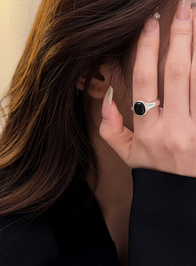 通体s925纯银黑玛瑙戒指女椭圆形开口个性高级感黑色宽戒百搭食戒