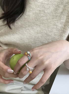 新中式S925纯银原创设银珠小熊绿松石戒指女民族风弹力绳叠戴戒子