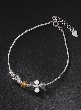 新款s925纯银天然黄水晶白水晶手链女简约手工设计时髦清新银手环