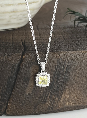 韩版s925纯银黄色镶钻方形项链女简约清新通勤百搭个性精致锁骨链