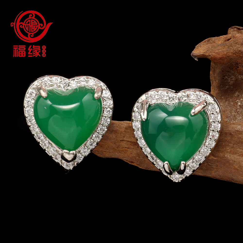 原创设计防过敏铜镀18k镶嵌绿玉髓圆形心形耳钉简约耳坠时尚耳饰