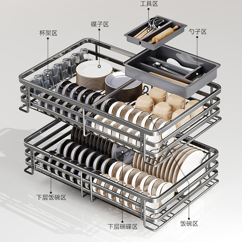 尔沫拉篮厨房橱柜304不锈钢双层碗篮碗架抽屉式调料碟碗枪灰拉蓝-图0