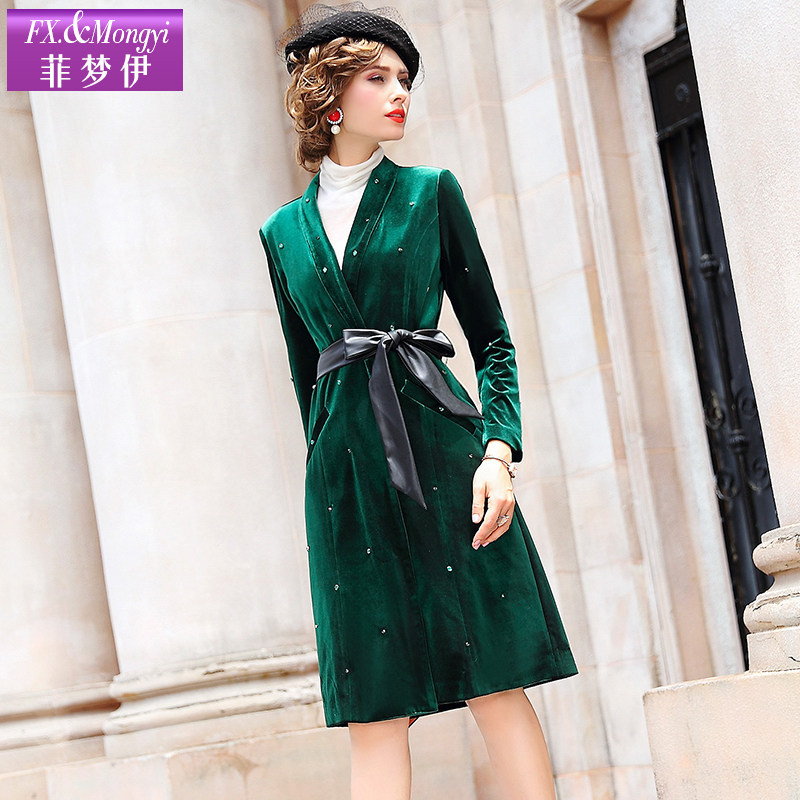 菲梦伊纯色钉珠女中长款2019风衣 fxmongyi风衣