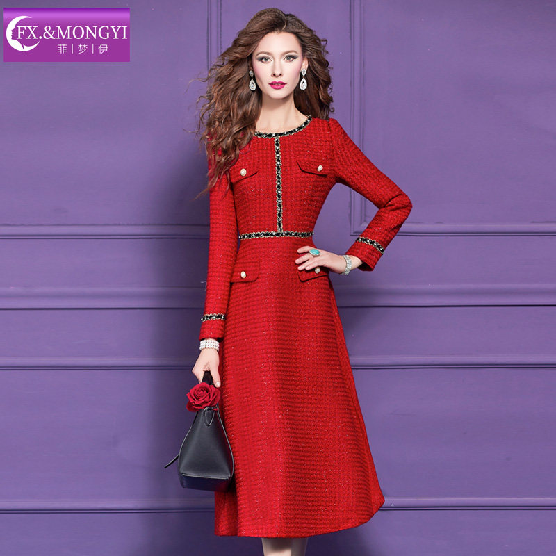 菲梦伊原创钉珠红色连衣裙女冬季复古轻熟名媛小香风收腰A字裙子,淘宝优惠券,粉丝福利购,淘宝优惠卷