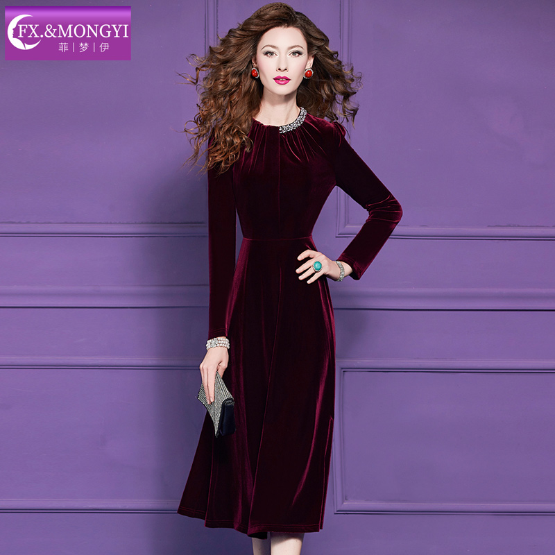 菲梦伊钉珠蓝色金丝绒连衣裙女冬季复古洋气收腰中长款打底裙礼服 - 图1