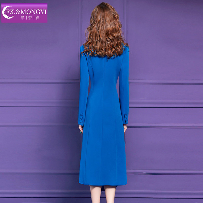 菲梦伊蓝色西装连衣裙女秋季新款褶皱设计感小众气质通勤职业裙子 - 图2