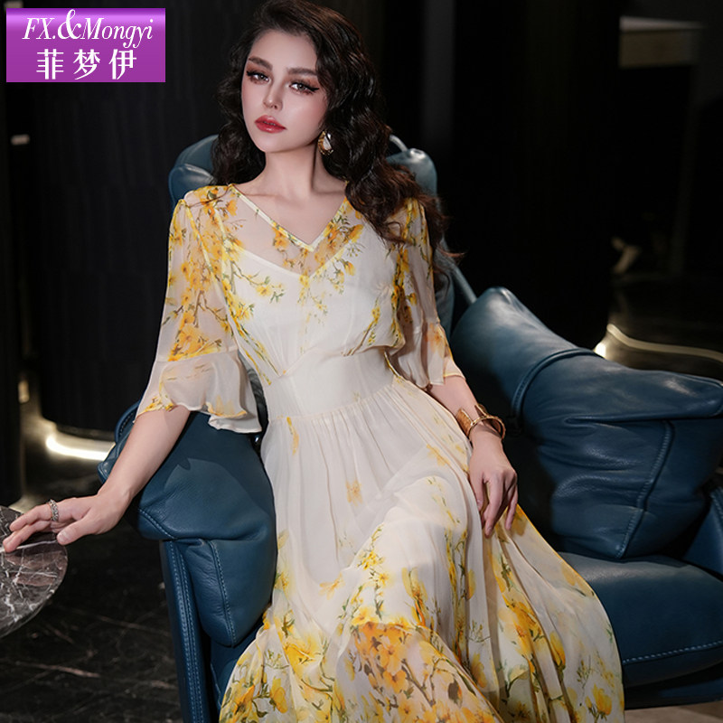 菲梦伊100桑蚕丝印花连衣裙女喇叭袖夏装法式年轻款高端真丝长裙,淘宝优惠券,粉丝福利购,淘宝优惠卷