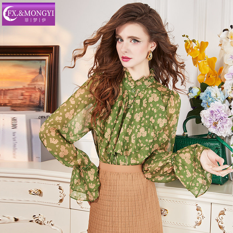 菲梦伊绿色印花衬衫女喇叭袖春装立领时尚设计感独特衬衣甜美上衣,淘宝优惠券,粉丝福利购,淘宝优惠卷
