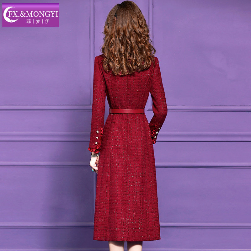 菲梦伊木耳边亮片毛呢连衣裙女冬季轻熟名媛小香风优雅气质中长裙,淘宝优惠券,粉丝福利购,淘宝优惠卷