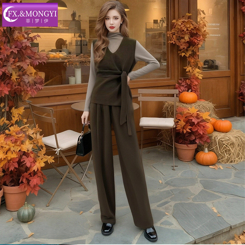 菲梦伊高级设计感时尚套装女春季褶皱系带V领马甲上衣宽松阔腿裤,淘宝优惠券,粉丝福利购,淘宝优惠卷