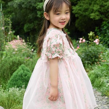 Girls Dress 2024 Summer New Korean Style Puff Sleeve Baby Girl Fashionable Cute Floral Princess Dress