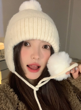 韩版秋冬季护耳白色毛线帽