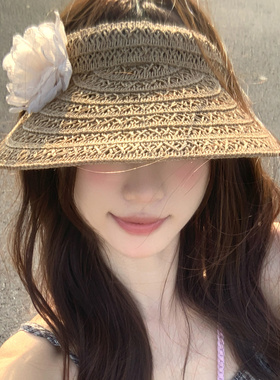 手工编织镂空花朵空顶草帽女