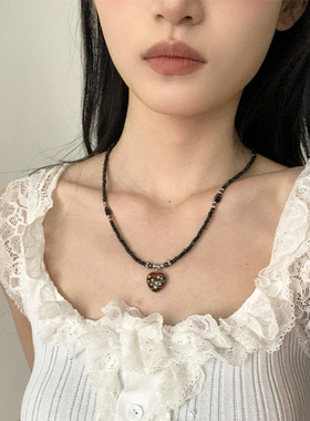 甜酷星星爱心黑色串珠项链女