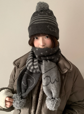 韩系氛围感灰色条纹针织围巾女冬